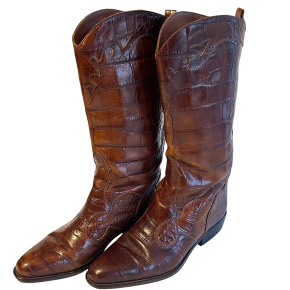 Joan & David Shoes - Joan & David Croc Embossed Italian Leather Brown Boots Vintage Size 6.5/7(EU 37)